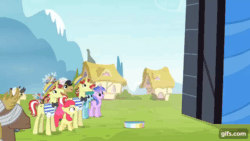 Size: 640x360 | Tagged: safe, derpibooru import, screencap, apple bloom, flam, flim, granny smith, earth pony, pony, unicorn, leap of faith, season 4, animated, apple bloom's bow, bow, brothers, female, filly, flim flam brothers, foal, gif, gifs.com, hair bow, identical twins, male, mare, open mouth, siblings, stallion, twin brothers, twins
