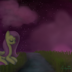 Size: 1217x1213 | Tagged: safe, artist:4agonism, derpibooru import, fluttershy, pegasus, pony, cute, daaaaaaaaaaaw, eyes closed, grass, lying down, meditating, pink sky, relaxing, river, shading, shyabetes, signature, smiling, stream, sunset, water, watermark