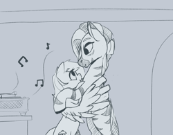 Size: 1920x1500 | Tagged: safe, artist:storyteller, derpibooru import, oc, oc:iin, oc:rowdy spout, pegasus, zebra, dancing, female, grayscale, height difference, hug, looking at each other, looking at someone, mare, monochrome, music notes, shipping, size difference, sketch, smiling, standing, winghug, wings