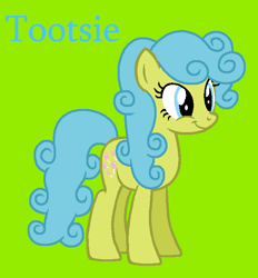 Size: 610x656 | Tagged: safe, artist:jigglewiggleinthepigglywiggle, derpibooru import, tootsie, earth pony, pony, g1, g4, adorable face, blue eyes, blue hair, blue mane, blue tail, blue text, curly hair, curly mane, curly tail, cute, diatoots, female, g1 to g4, generation leap, green background, mare, simple background, smiling, solo, tail, text