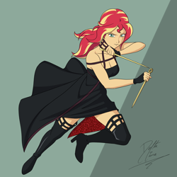 Size: 2000x2000 | Tagged: safe, artist:deltalima, derpibooru import, sunset shimmer, human, anime, bare shoulders, breasts, cleavage, clothes, commission, cosplay, costume, humanized, sleeveless, spy x family, yor forger