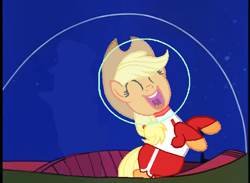 Size: 656x480 | Tagged: safe, artist:guihercharly, derpibooru import, applejack, applelynn, astrojack, crossover, driving, glass dome, laughing, lynn loud, space, space car, space helmet, the jetsons, the loud house