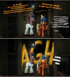 Size: 1280x1408 | Tagged: safe, artist:hiddelgreyk, derpibooru import, oc, earth pony, ghost, ghost pony, pegasus, undead, blue eyes, blue mane, brown coat, clothes, comic, complex background, dialogue, female, green eyes, hallway, light, looking at each other, looking at someone, male, mare, microphone, newbie artist training grounds, nightgown, p.t, pegasus oc, ponies in video games, scared, screaming, signature, silent hills, smiling, stallion, surprised, talking, tempting fate