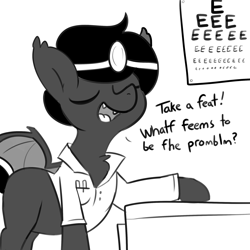 Size: 2250x2250 | Tagged: safe, artist:tjpones, derpibooru import, oc, oc only, oc:doctor fangf, bat pony, bat pony oc, black and white, doctor, eeee, eye chart, eyes closed, grayscale, lisp, male, monochrome, solo, stallion, talking to viewer