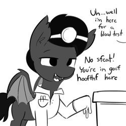 Size: 2250x2250 | Tagged: safe, artist:tjpones, derpibooru import, oc, oc:doctor fangf, bat pony, pony, black and white, dialogue, doctor, fangs, gloves, grayscale, lisp, male, monochrome, offscreen character, rubber gloves, solo, stallion