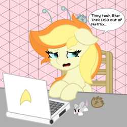 Size: 1080x1080 | Tagged: safe, artist:sodapop sprays, derpibooru import, oc, oc:sodapop sprays, mouse, pegasus, pony, antennae, chair, combadge, computer, crying, cyan, ears, female, floppy ears, food, glowing, glowing eyes, gray, green, green eyes, laptop computer, mare, open mouth, orange, peach, pink, pink background, sad, simple background, speech bubble, star trek, star trek: deep space nine, talking to viewer, tribble, white, yellow
