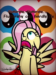 Size: 768x1024 | Tagged: safe, artist:windy breeze, derpibooru import, fluttershy, pegasus, hurricane fluttershy, blue eyes, eye, eyeball, eyes, panic attack, pink mane, scared, scene interpretation, signature, spread wings, wings, yellow coat