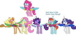 Size: 1280x675 | Tagged: safe, artist:lemonade-pines, derpibooru import, applejack, fluttershy, pinkie pie, rainbow dash, rarity, twilight sparkle, twilight sparkle (alicorn), alicorn, earth pony, pegasus, unicorn, artificial wings, augmented, clothes, flying, goggles, jetpack, leotard, mane six, simple background, spread wings, transparent background, wings