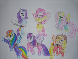 Size: 1280x960 | Tagged: safe, artist:mileyfashon, derpibooru import, applejack, fluttershy, pinkie pie, rainbow dash, rarity, twilight sparkle, twilight sparkle (alicorn), alicorn, alicornified, applecorn, clothes, female, fluttercorn, flying, happy, jetpack, jumpsuit, mane six, pinkiecorn, race swap, rainbowcorn, raricorn, simple background, smiling, traditional art, xk-class end-of-the-world scenario