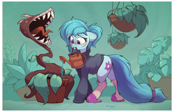 Size: 1958x1261 | Tagged: safe, artist:rexyseven, derpibooru import, oc, oc only, oc:whispy slippers, earth pony, pony, carnivorous plant, clothes, female, glasses, mare, plant, slippers, socks, solo, sweater, watering can