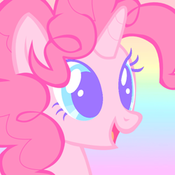 Size: 600x600 | Tagged: safe, derpibooru import, pinkie pie, pony, unicorn, cover art, female, open mouth, open smile, race swap, rainbow background, single cover, smiling, solo, unicorn pinkie pie