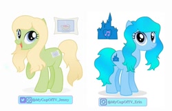 Size: 1028x661 | Tagged: safe, artist:draconekaiju, derpibooru import, oc, oc only, oc:erin, oc:jenny cuppa, blonde, blonde hair, cutie mark, female, simple background, white background, youtuber