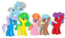 Size: 1280x751 | Tagged: safe, artist:stack-of-cookies, derpibooru import, oc, oc only, oc:feather fluff, oc:flutter pop, oc:marshmallow moon, oc:mashmallow shine, oc:sapphire twirl, oc:silver twirl, earth pony, pegasus, pony, unicorn, base used, female, mare, simple background, transparent background