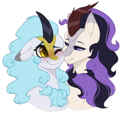 Size: 2200x2000 | Tagged: safe, artist:purplegrim40, derpibooru import, oc, oc only, kirin, blushing, bust, ears, floppy ears, kirin oc, oc x oc, one eye closed, shipping, simple background, smiling, transparent background, wink