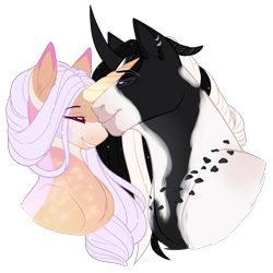 Size: 2200x2200 | Tagged: safe, artist:purplegrim40, derpibooru import, oc, oc only, pony, unicorn, bust, duo, eyes closed, female, grin, horn, male, mare, oc x oc, one eye closed, shipping, simple background, smiling, stallion, straight, transparent background, unicorn oc, wink