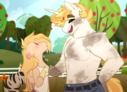 Size: 1800x1300 | Tagged: safe, artist:purplegrim40, derpibooru import, oc, oc only, oc:apple buck, anthro, pegasus, apple, apple tree, clothes, duo, ear fluff, ears, looking up, nudity, outdoors, pants, partial nudity, pegasus oc, smiling, topless, tree, wings