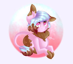 Size: 1600x1400 | Tagged: safe, artist:prettyshinegp, derpibooru import, oc, oc only, earth pony, pony, abstract background, commission, earth pony oc, eye clipping through hair, female, leonine tail, lying down, mare, one ear down, prone, smiling, solo, tail, ych result