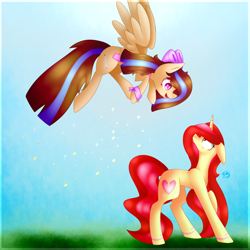 Size: 5000x5000 | Tagged: safe, artist:prettyshinegp, derpibooru import, oc, oc only, pegasus, pony, unicorn, collaboration, duo, female, horn, looking back, mare, outdoors, pegasus oc, smiling, unicorn oc, wings