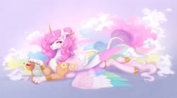 Size: 2560x1428 | Tagged: safe, artist:sparkling_light, derpibooru import, princess celestia, draconequus, alcohol, celestequus, draconequified, female, goblet, looking at you, lying down, prone, side view, smiling, smiling at you, solo, species swap, sploot, wine, wings
