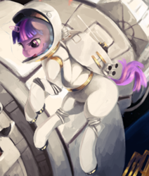 Size: 1114x1313 | Tagged: safe, artist:fruitbloodmilkshake, derpibooru import, edit, twilight sparkle, unicorn twilight, pony, unicorn, astronaut, cropped, female, mare, solar panel, solo, space, space station, spacesuit, zero gravity