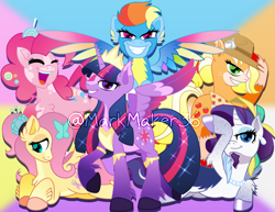 Size: 1024x792 | Tagged: safe, artist:markmaker36, derpibooru import, applejack, fluttershy, pinkie pie, rainbow dash, rarity, twilight sparkle, alicorn, earth pony, pegasus, pony, unicorn, alternate design, mane six, obtrusive watermark, watermark