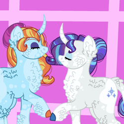 Size: 1280x1280 | Tagged: safe, artist:creativemuffins, derpibooru import, rarity, sassy saddles, pony, unicorn, alternate hairstyle, female, fluffy, lesbian, purple background, rarisaddles, shipping, simple background