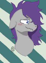 Size: 800x1080 | Tagged: safe, artist:ashdoesnothing, derpibooru import, oc, oc only, oc:glitter stone, earth pony, pony, artfight, artfight21, blue eyes, blushing, burst, bust, digital art, gray coat, popping, portrait, purple mane, simple background, solo