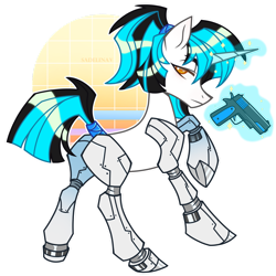 Size: 1280x1280 | Tagged: safe, artist:sadelinav, derpibooru import, oc, oc only, oc:flawless ice, cyborg, pony, unicorn, amputee, gun, handgun, pistol, prosthetic limb, prosthetics, simple background, solo, transparent background, weapon