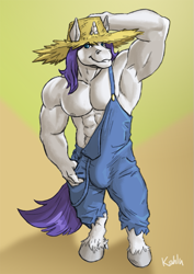 Size: 595x842 | Tagged: safe, artist:kahlu5, derpibooru import, elusive, rarity, anthro, unguligrade anthro, unicorn, comic:that hard cider feeling, abs, armpits, buff, bulging, clothes, female to male, hat, himbo, himboification, hooves, male, male nipples, muscles, muscular male, nipples, nudity, overalls, pecs, rarihick, ripped rarity, rule 63, stallion, straw hat, transformation, transgender transformation