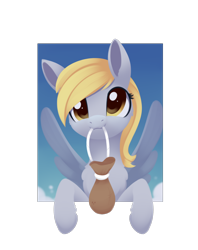 Size: 1778x2247 | Tagged: safe, artist:dusthiel, derpibooru import, derpy hooves, pegasus, pony, atg 2022, bag, female, mare, mouth hold, newbie artist training grounds, simple background, solo, transparent background