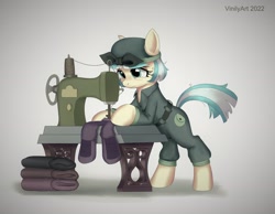 Size: 2048x1593 | Tagged: safe, alternate version, artist:vinilyart, derpibooru import, coco pommel, earth pony, pony, alternate timeline, clothes, crystal war timeline, female, frown, mare, overalls, sewing, sewing machine, solo, tired