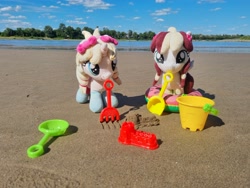 Size: 4032x3024 | Tagged: safe, artist:xeto_de, derpibooru import, oc, oc:lily allure, oc:vanilla cream, pony, g4, beach, female, filly, foal, irl, photo, photography, plushie