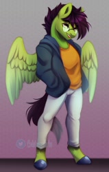 Size: 600x946 | Tagged: safe, artist:cabbage-arts, derpibooru import, oc, oc only, anthro, pegasus, unguligrade anthro, clothes, eyebrows, eyebrows visible through hair, feathered wings, glasses, male, open mouth, open smile, pants, partially open wings, shirt, smiling, solo, wings