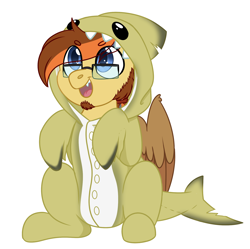 Size: 1828x1824 | Tagged: safe, artist:rokosmith26, derpibooru import, oc, oc only, griffon, animal onesie, blue eyes, cheek fluff, clothes, commission, costume, eye clipping through hair, glasses, griffon oc, happy, kigurumi, looking up, male, onesie, open mouth, simple background, sitting, smiling, solo, stallion, teeth, transparent background, ych result, your character here