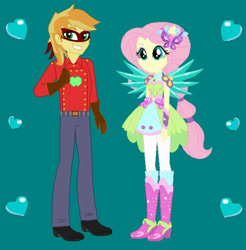 Size: 609x620 | Tagged: safe, artist:owletbrigthness, derpibooru import, braeburn, fluttershy, equestria girls, clothes, crystal guardian, crystal wings, cutie mark on clothes, duo, equestria girls-ified, female, male, ponied up, smiling, wings