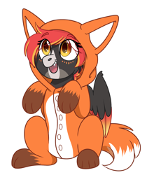 Size: 1640x1948 | Tagged: safe, artist:rokosmith26, derpibooru import, oc, oc only, oc:hollow lantern, pegasus, pony, animal onesie, cheek fluff, clothes, coat markings, commission, costume, eye clipping through hair, female, happy, kigurumi, looking up, mare, onesie, open mouth, pegasus oc, simple background, sitting, smiling, solo, teeth, transparent background, ych result, your character here