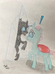 Size: 3024x4032 | Tagged: safe, artist:opti, derpibooru import, ocellus, changedling, changeling, atg 2022, crystal, exclamation point, female, hissing, newbie artist training grounds, reflection, scared, traditional art