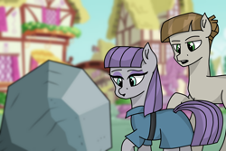 Size: 1500x1000 | Tagged: safe, derpibooru import, maud pie, mudbriar, tom, earth pony, pony, distracted boyfriend meme, female, male, mare, meme, newbie artist training grounds, rock, stallion