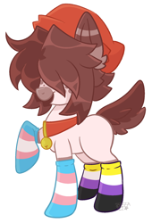 Size: 1254x1839 | Tagged: safe, artist:greeddeer, artist:loopdalamb, derpibooru import, oc, oc only, oc:buttercup, earth pony, pony, beanie, bell, clothes, collar, deer tail, earth pony oc, hair over eyes, hat, nonbinary, open mouth, open smile, pride, pride flag, raised hoof, raised leg, smiling, socks, solo, striped socks, tail, transgender