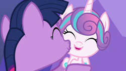 Size: 1280x720 | Tagged: safe, derpibooru import, screencap, princess flurry heart, twilight sparkle, alicorn, pony, a flurry of emotions, season 7, ^^, aunt and niece, cute, daaaaaaaaaaaw, duo, duo female, eyes closed, female, flurrybetes, foal, happy, hnnng, kiss on the cheek, kissing, mare, platonic kiss, too cute, twiabetes