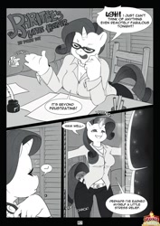 Size: 1087x1537 | Tagged: safe, artist:pokey dot, derpibooru import, rarity, anthro, unicorn, art pack:poni parade, comic:raritee's little helper, 2013, clothes, comic, eyes closed, glasses, gloves, monochrome, old art, open mouth, speech bubble