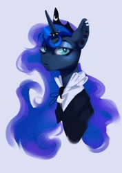 Size: 2480x3507 | Tagged: safe, artist:charlot, derpibooru import, princess luna, alicorn, pony, clothes, ear piercing, goth, horn, horn ring, lidded eyes, piercing, ring, simple background, solo
