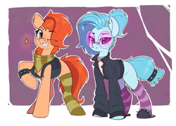 Size: 1619x1166 | Tagged: safe, artist:rexyseven, derpibooru import, oc, oc only, oc:rusty gears, oc:whispy slippers, earth pony, pony, alternate hairstyle, bandana, clothes, duo, ear piercing, earring, eye clipping through hair, female, freckles, glasses, jacket, jewelry, lidded eyes, looking at you, mare, one eye closed, piercing, pointing at you, punk, raised hoof, raised leg, sharp teeth, slippers, socks, striped socks, teeth, wink, winking at you