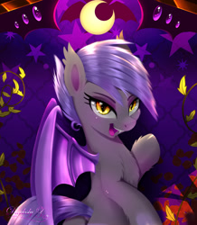 Size: 1714x1963 | Tagged: safe, artist:darksly, derpibooru import, oc, oc only, oc:midnight blossom, bat pony, pony, bat pony oc, bedroom eyes, body pillow, body pillow design, commission, cute, eyeshadow, fangs, female, makeup, mare, open mouth, solo