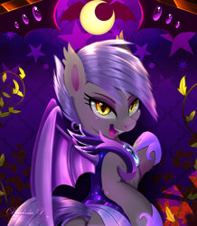 Size: 1714x1963 | Tagged: safe, alternate version, artist:darksly, derpibooru import, oc, oc only, oc:midnight blossom, bat pony, pony, armor, bat pony oc, bedroom eyes, body pillow, body pillow design, commission, cute, eyeshadow, fangs, female, hoof shoes, makeup, mare, solo