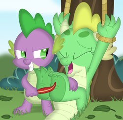 Size: 3458x3374 | Tagged: safe, artist:porygon2z, derpibooru import, spike, oc, oc:jade, dragon, dragoness, duo, feather, female, fetish, leaves, male, rope, tickle fetish, tickle torture, tickling, tied up