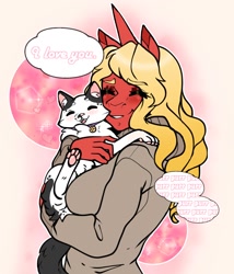 Size: 1500x1750 | Tagged: safe, artist:morgan, derpibooru import, oc, oc:scarlet rose, anthro, cat, unicorn, blonde, clothes, eyes closed, hug, love, pet, pet collar, purring, simple background, sweater, word balloon