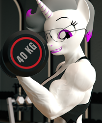 Size: 3000x3600 | Tagged: safe, artist:dashie116, derpibooru import, oc, oc only, oc:hazel radiate, anthro, unicorn, anthro oc, biceps, commission, commissioner:biohazard, eyebrows, eyelashes, female, fetish, glasses, gym, high res, highlights, horn, mare, muscle fetish, muscles, ponytail, purple eyes, smiling, solo, triceps, unicorn oc, vein, weight lifting, weights, ych result