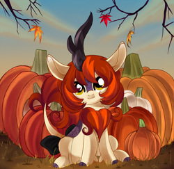 Size: 3016x2935 | Tagged: safe, artist:spookyle, derpibooru import, oc, oc:pumpkin patch, kirin, autumn, cute, female, kirin oc, mare, pumpkin, sitting, smiling, solo