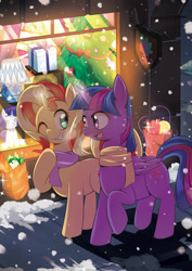 Size: 2480x3507 | Tagged: safe, artist:caibaoreturn, derpibooru import, part of a set, rarity, spike, sunset shimmer, twilight sparkle, twilight sparkle (alicorn), alicorn, pony, unicorn, christmas, christmas tree, clothes, duo, female, holiday, looking at each other, mare, one eye closed, open mouth, open smile, pixiv, plushie, raised hoof, raised leg, scarf, seasons, smiling, smiling at each other, snow, snowfall, tree, wink, winter